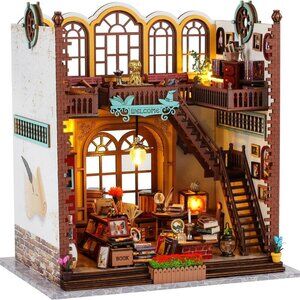 Miniature House Kit: Magic Book Store Book Nook with Furniture and LED Light - D